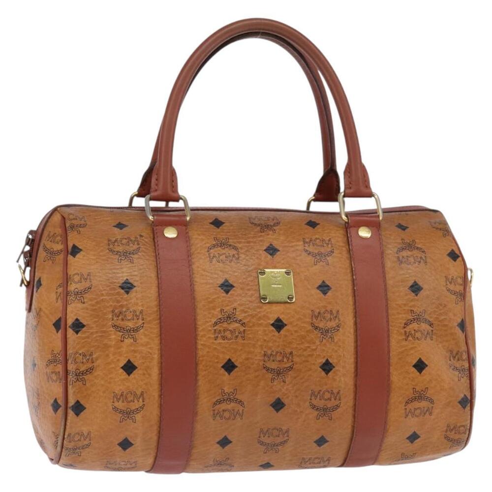 MCM Logogram Vicetos Boston Bag PVC Leather Brown Gold Auth gh902